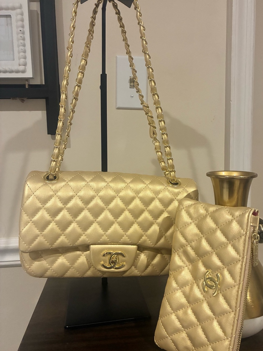 Gold Quilted Chain-Shoulder Bag with Matching Wallet - Luxury Designer Style
